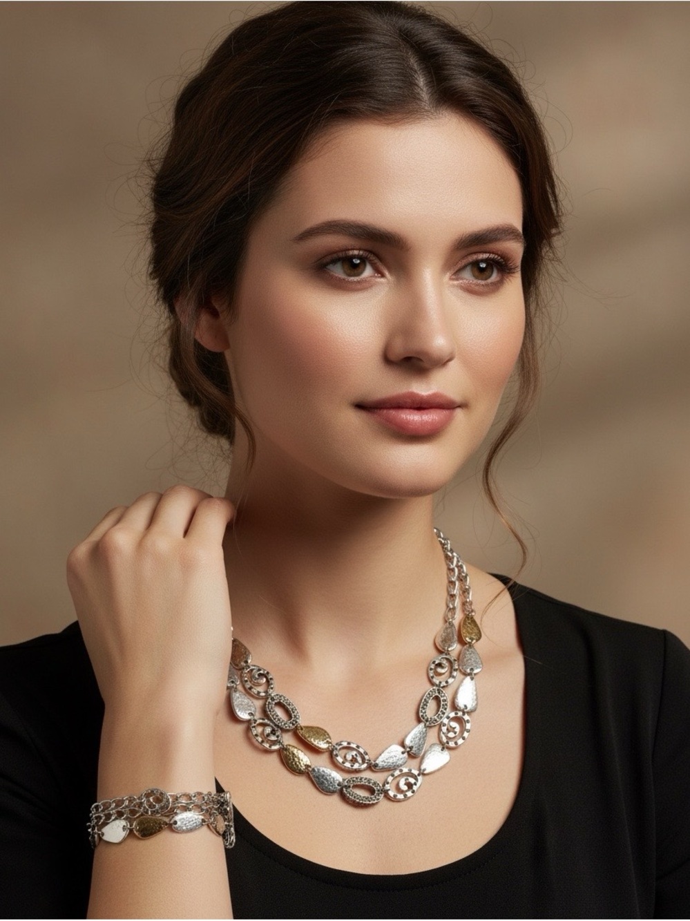 Brighton Mixed Metal Necklace and Bracelet Set - Silver & Gold tone with pouch